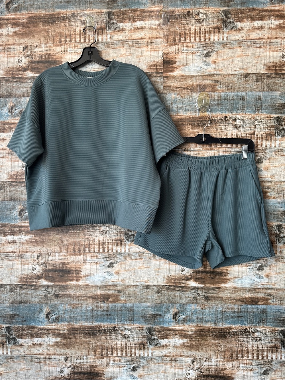 Zenana Casual Two-Piece Lounge Set in Slate Green. Size Small